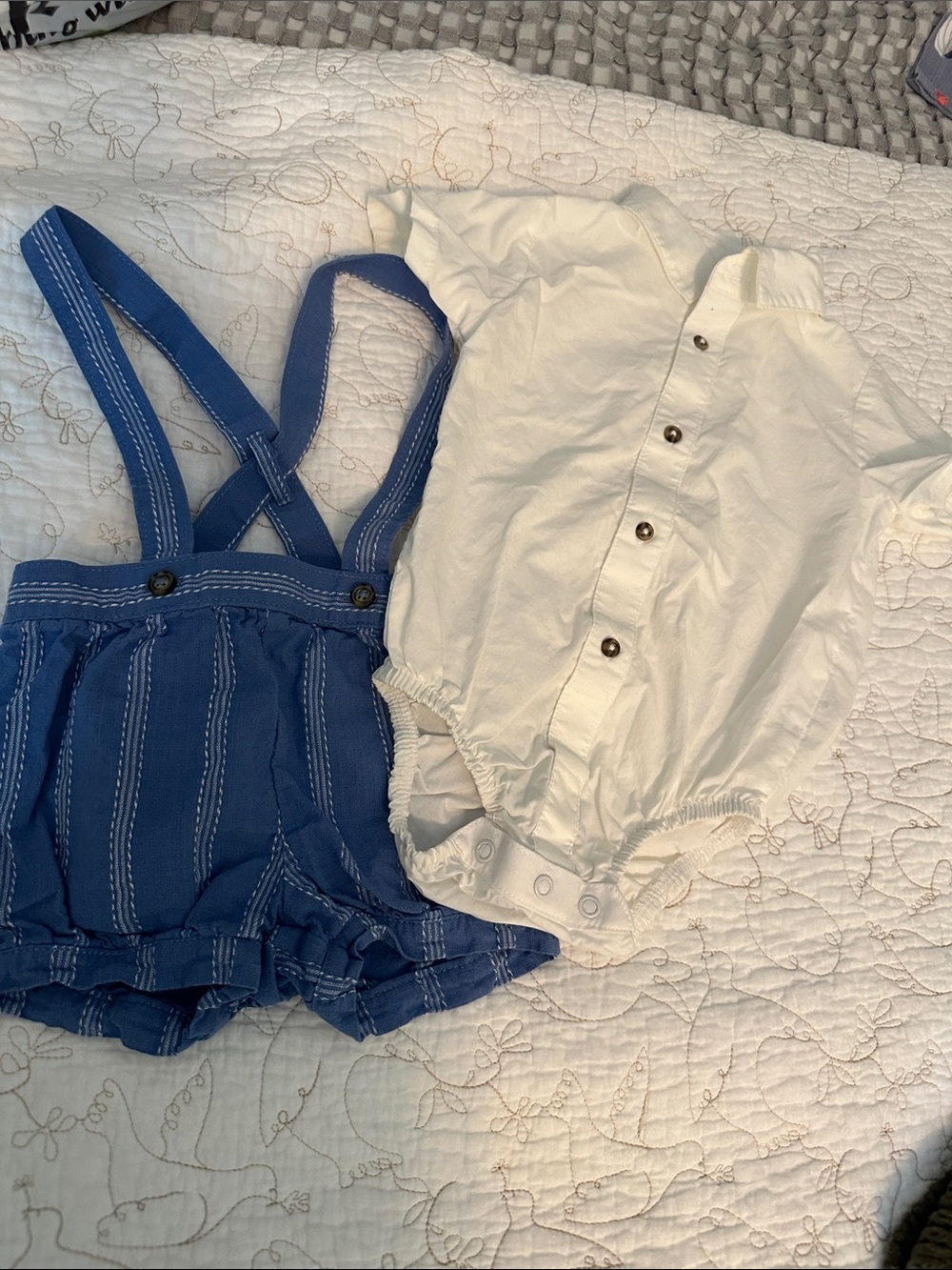 Carter's Blue Striped Suspender Shorts Set with Cream Button Romper